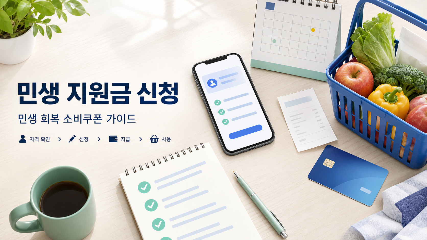민생 지원금 신청과 민생회복 소비쿠폰 신청 절차를 확인하는 스마트폰과 장보기 바구니