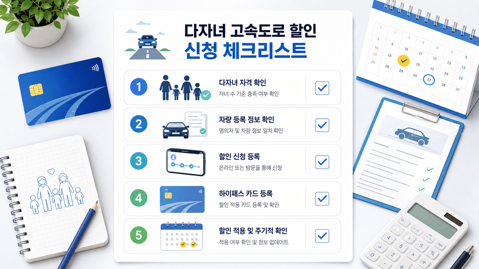 다자녀 고속도로 할인 신청 전 자녀 수, 차량 등록, 하이패스 카드와 적용일을 확인하는 체크리스트