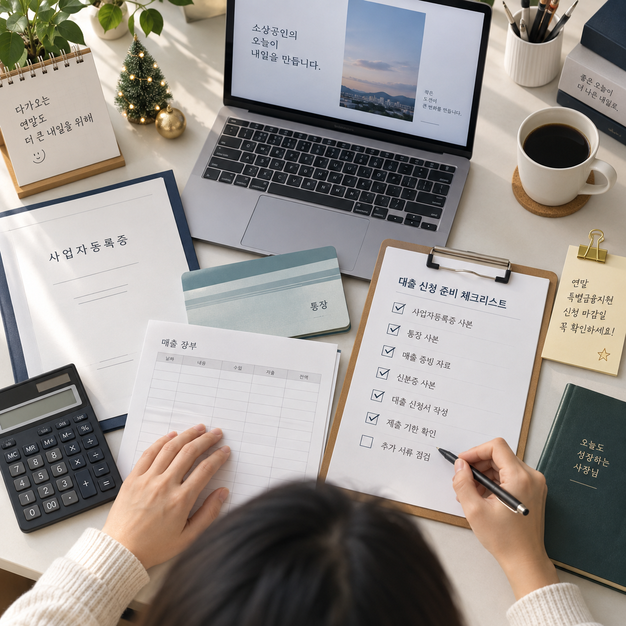 소상공인 특별대출 신청 전 사업자등록증, 매출 자료, 통장, 체크리스트를 준비하는 이미지
